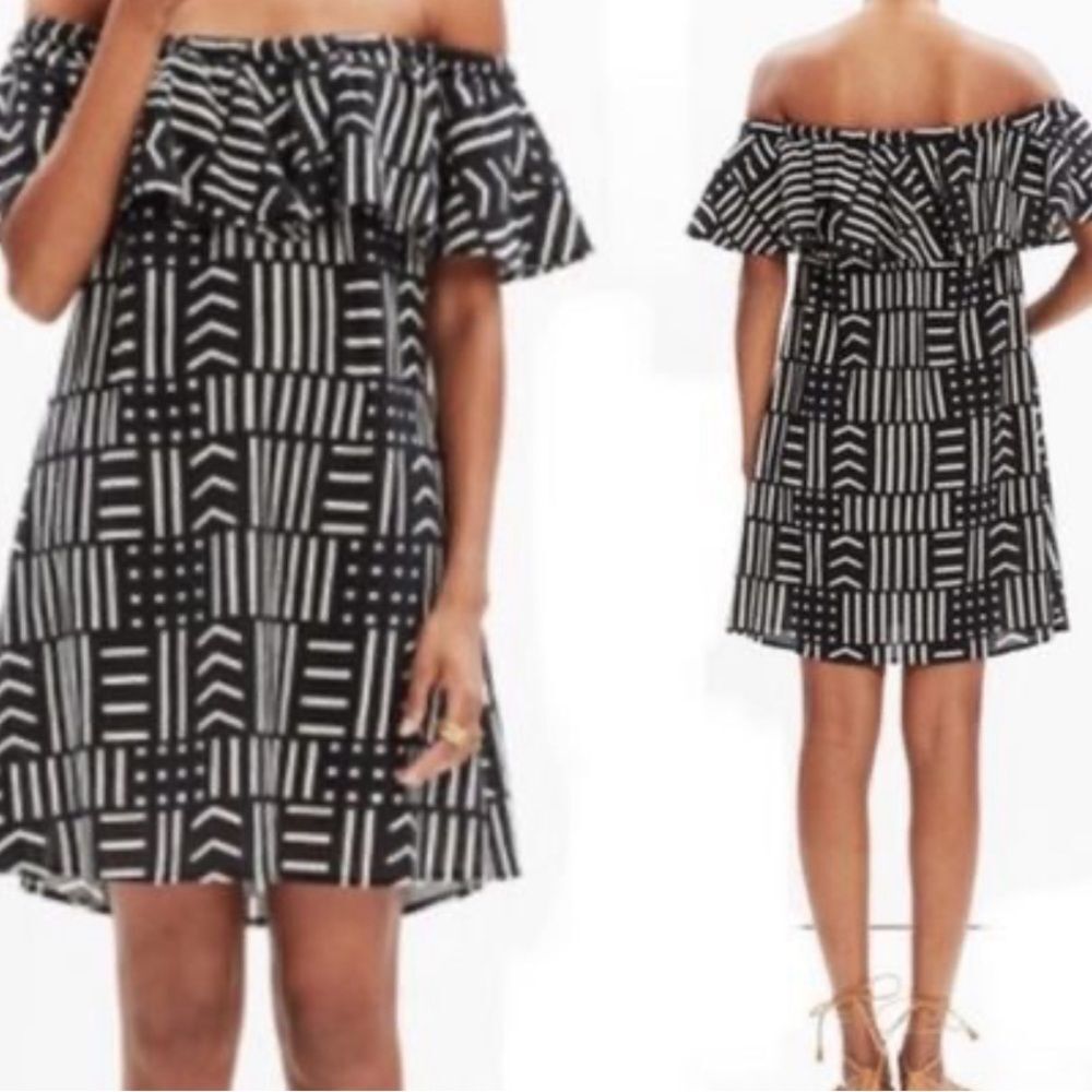 Madewell Ruffle Rio Dress Arrow Grid Print On or Off the Shoulder  XS Loose Fit